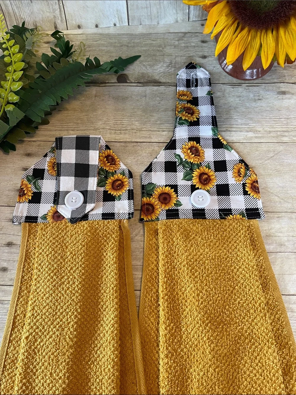 Sunflower Buffalo Check Button-Top Sewn Kitchen Hanging Towels Set of Two
